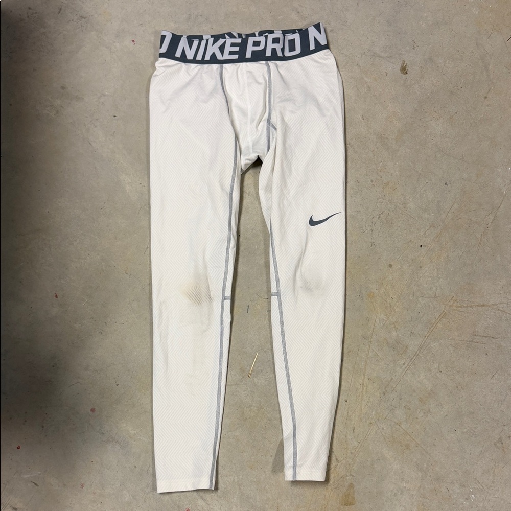 Nike White Compression Leggings with Gray Waistband and Swoosh